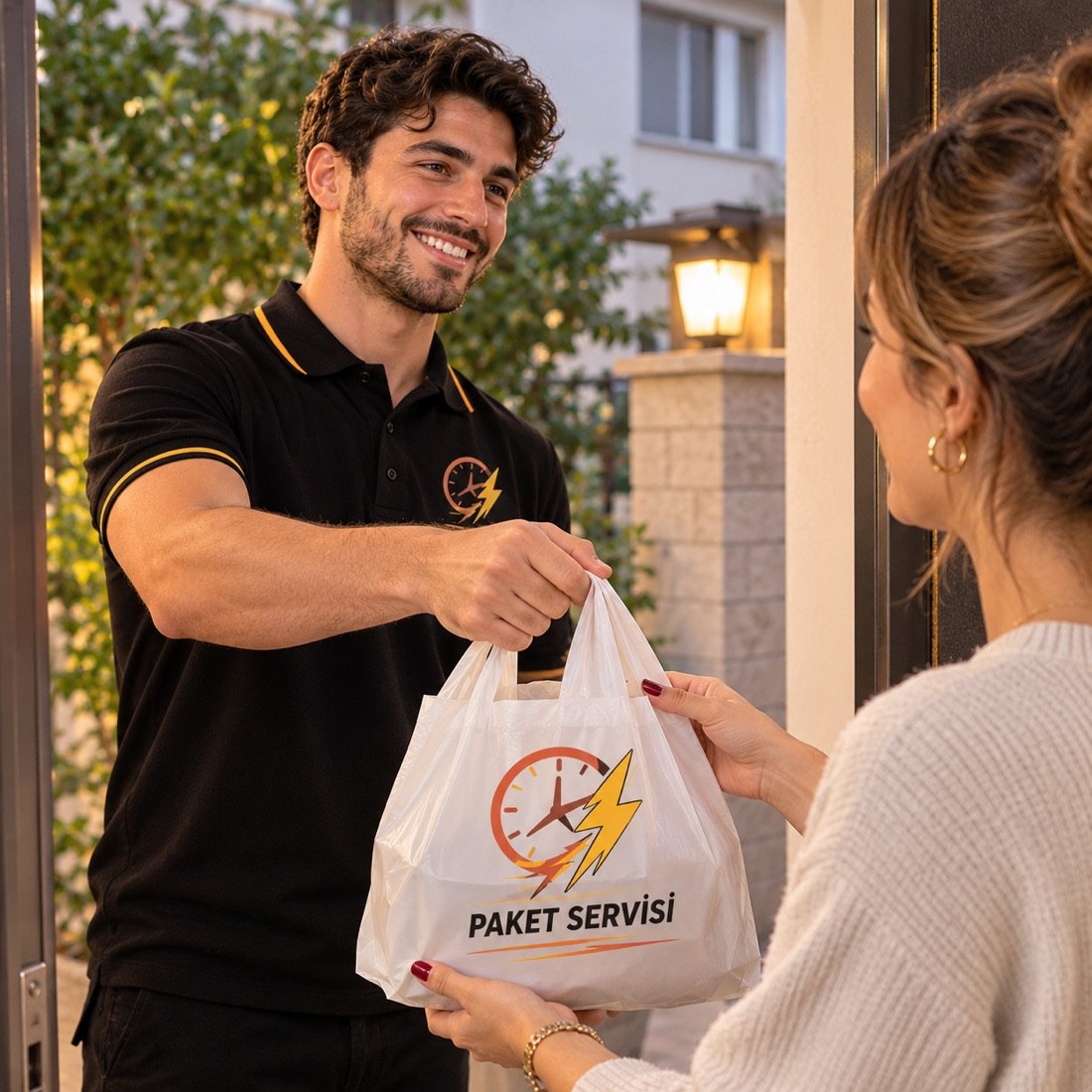 Kurye, paket servis poşetini kapıda müşteriye teslim ediyor
